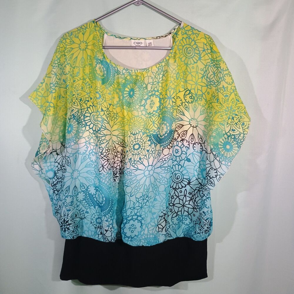 Cato Floral Blouse Yellow Blue Ombre Top Flowy Short Sleeve Women's Top